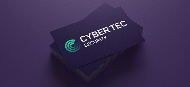 Mobile image of a stack of CyberTec business cards taken from a marketing branding & identity case study, with a purple background