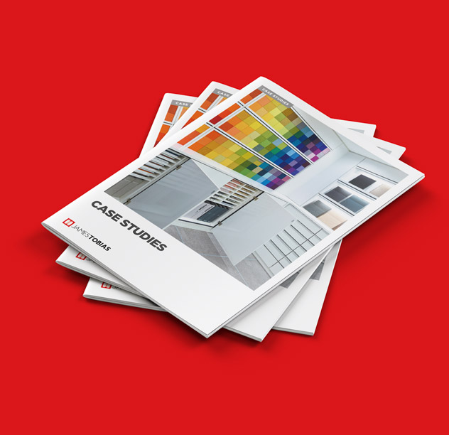 Square image of a stack of brochures taken from a marketing Customer Attraction case study, with a red colour background.