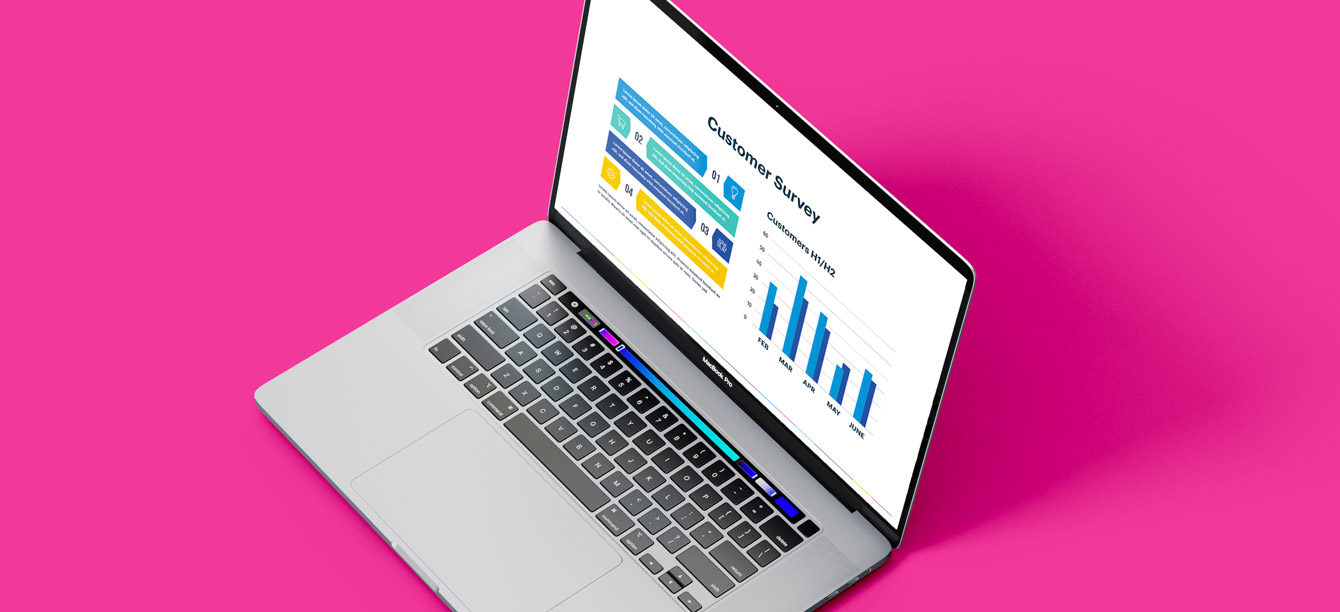 Landscape image of a laptop showing stats from a survey deck from a marketing customer survey case study, with a pink colour background.