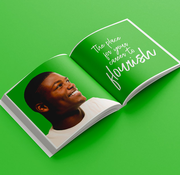 Square image of an open book showing employer brand Early Years case study for a client on the page, green background