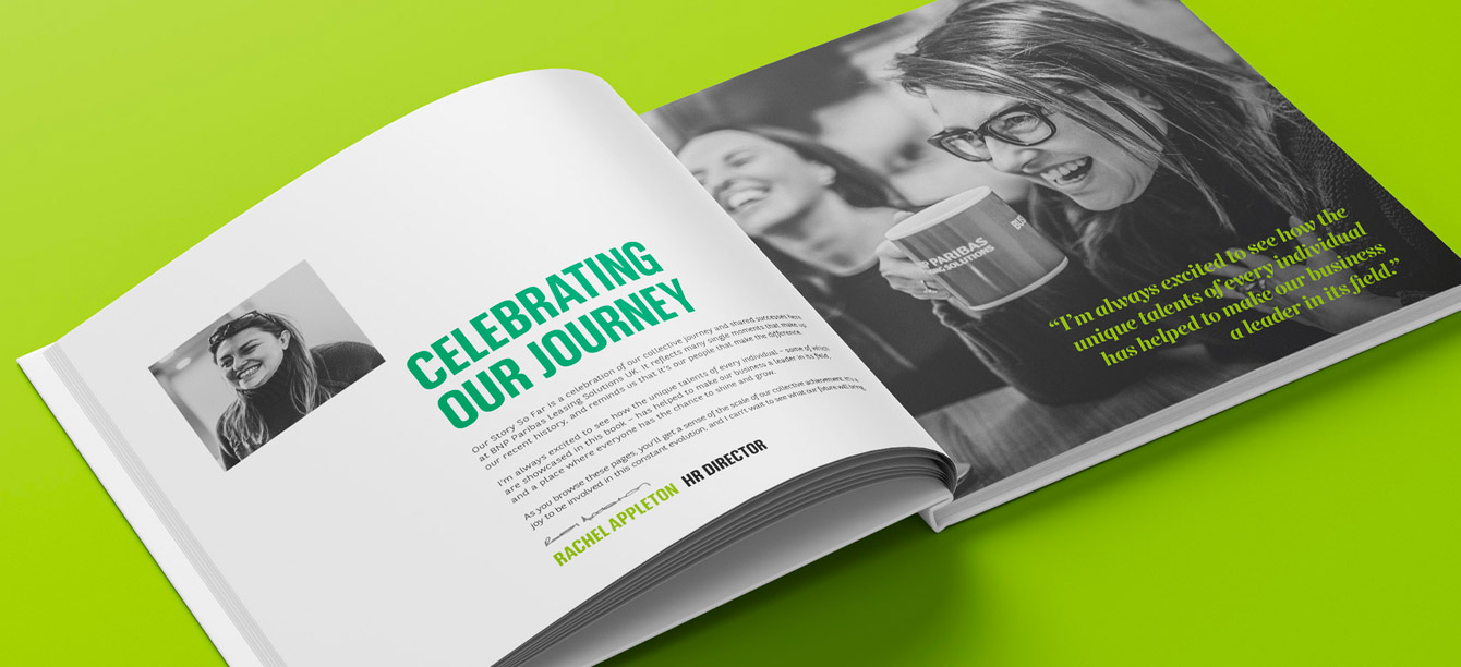 Landscape image of a brochure from an employer branding employee engagement case study, with a green colour background.