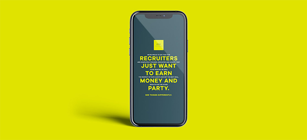 Mobile image of an iPhone screen showing employer brand employer reputation case study for a client on the screen, yellow green background