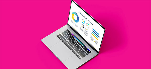 Mobile image of a laptop showing stats in a presentation, part of an employer branding engagement strategy case study for a client, with a purple colour background.