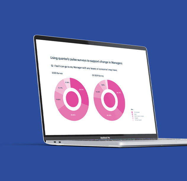Square image of a laptop screen showing data from an engagement survey, part of an employer branding engagement survey example case study