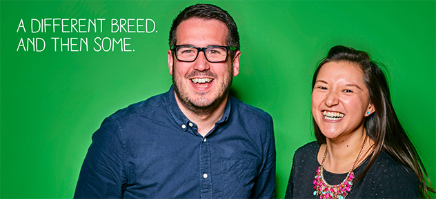 Mobile image of man and woman on green background looking direct to camera and smiling employer branding case study imagery