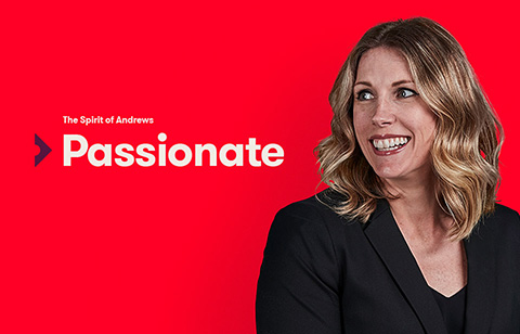 Grid image of a person on a red background looking beyond camera with Andrews' branding in image left