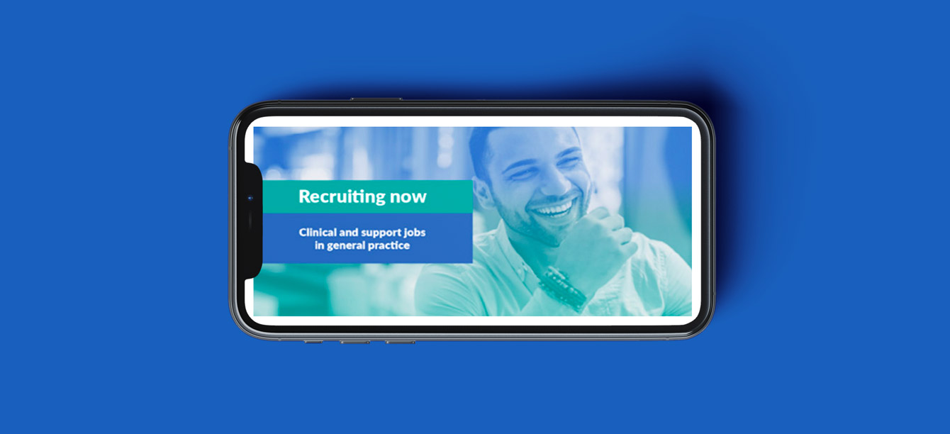 Landscape image of a iPhone screen showing employer brand case study for clinical and support jobs on the screen, blue background