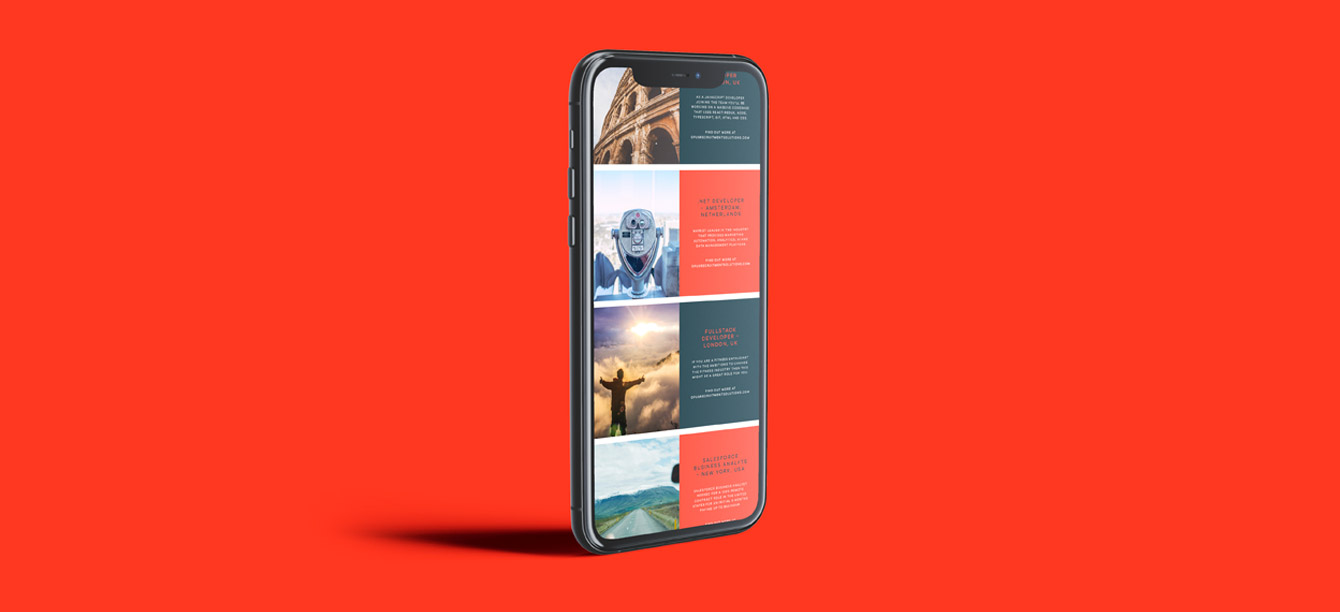 Landscape image of an iPhone screen showing employer brand social recruiting case study for a client on the screen, red background