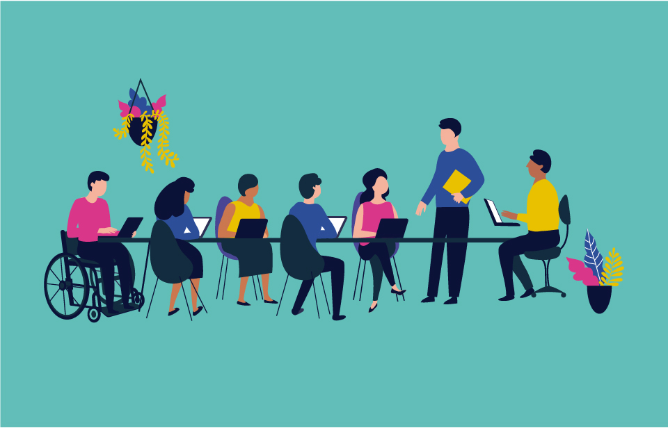 Illustration showing 7 people sat at a desk in a meeting re-evaluating their EVP and employer brand