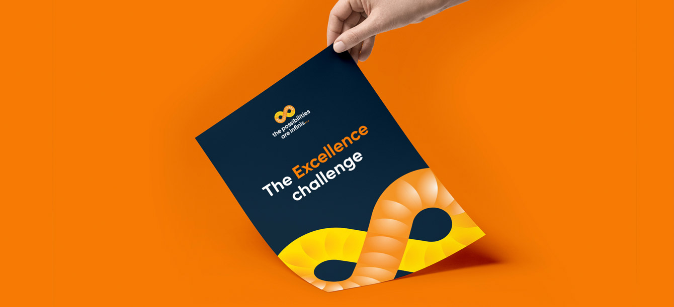 Index image of an Infinis poster, part of an employer branding vision, mission and values case study for a client, with an orange colour background.