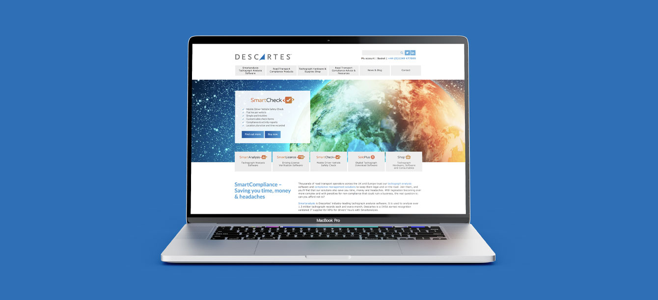 Landscape image of a laptop showing the homepage of a Descarte website taken from a marketing website case study, with a blue colour background.